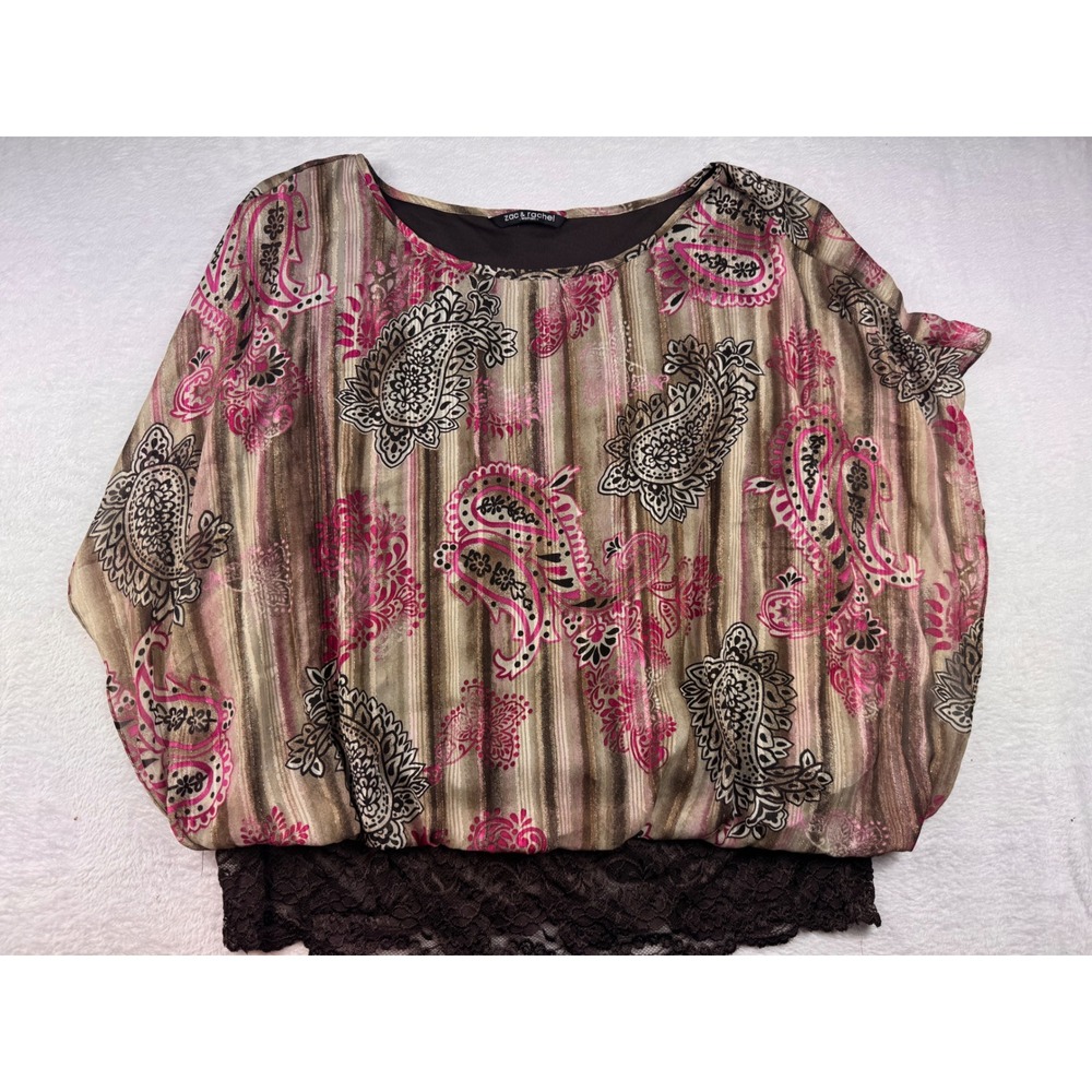 Zac & Rachel Woman Pink Brown Paisley Lace Hem Blouse Dolman Sleeve 1X
